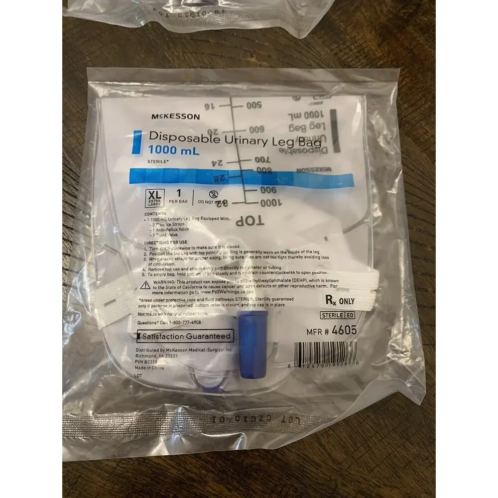 McKesson 4605 Urinary Leg Bag Anti-Reflux Valve Sterile 1000 ml Vinyl‎ Set Of 2